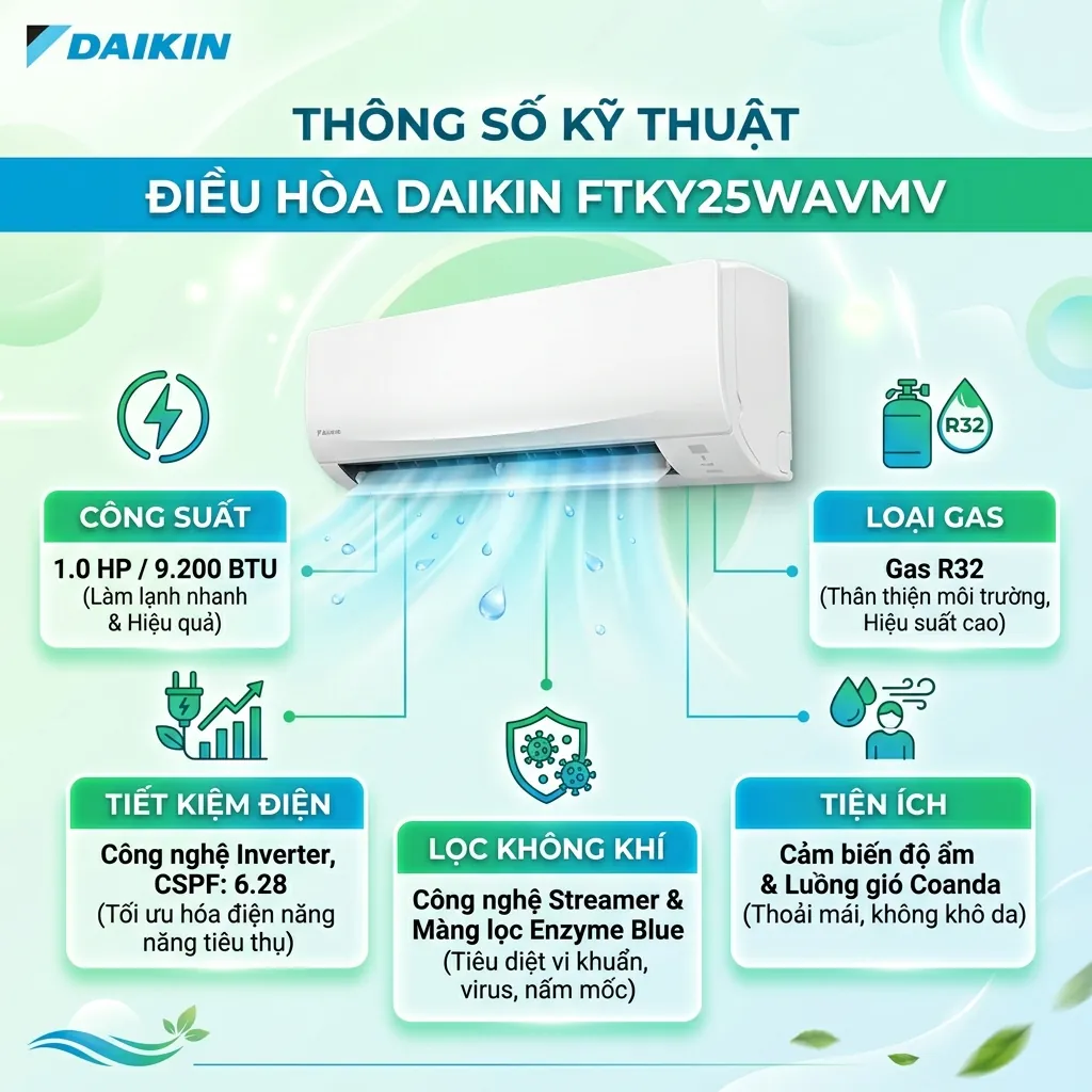 Thông số kỹ thuật của điều hòa Daikin Inverter FTKY25WAVMV
