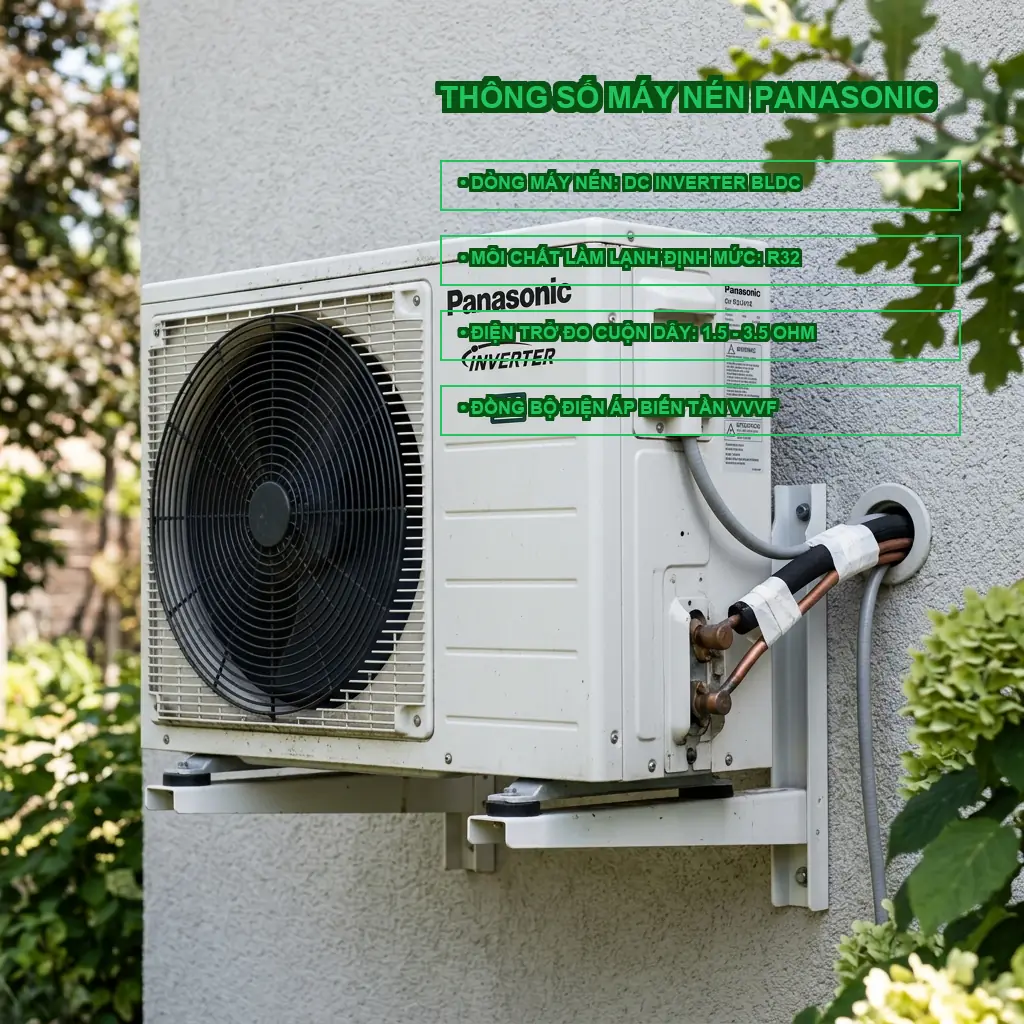 Khắc phục lỗi F93 block máy nén phát dòng bất thường điều hòa Panasonic U9XKH 2 Thông số kỹ thuật block máy nén và điện áp Inverter Panasonic U9XKH