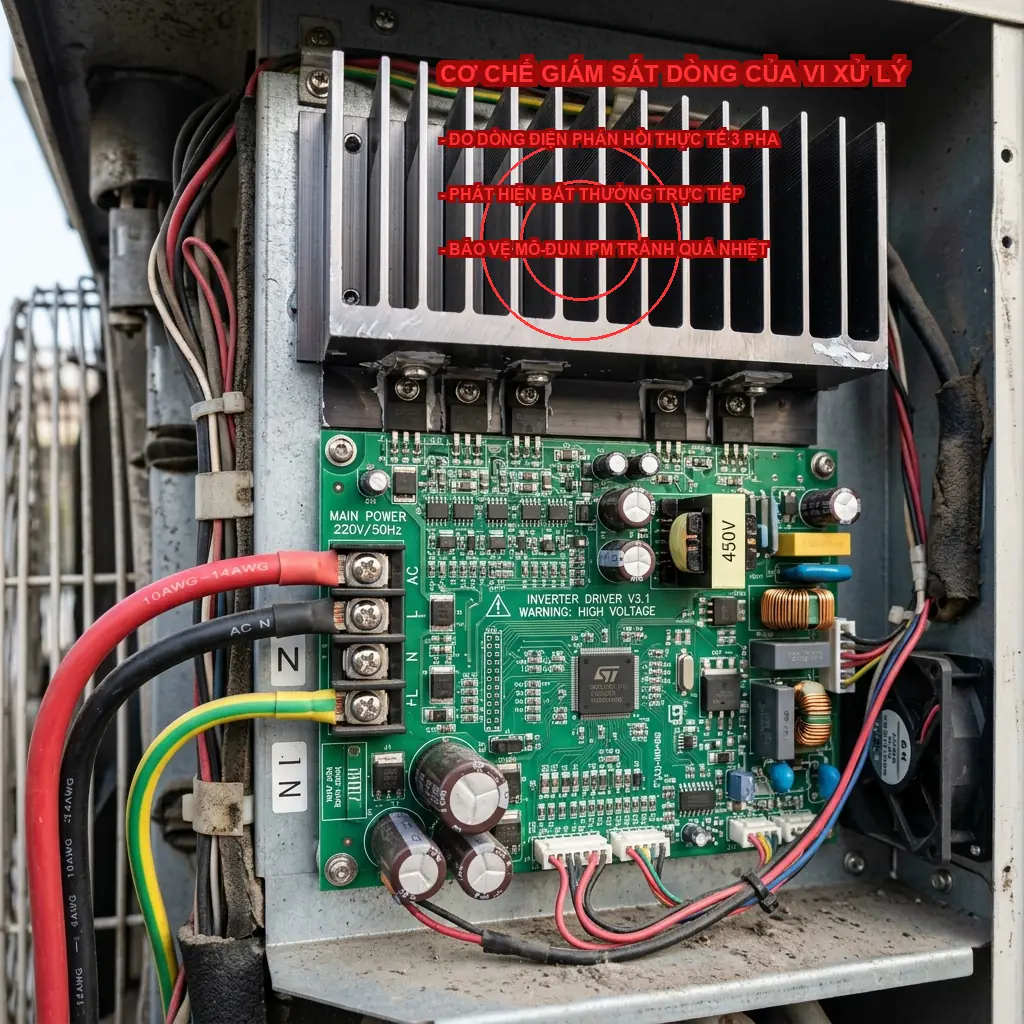 Khắc phục lỗi F93 block máy nén phát dòng bất thường điều hòa Panasonic U9XKH 3 Ý nghĩa mã lỗi F93 và cơ chế giám sát dòng của vi xử lý